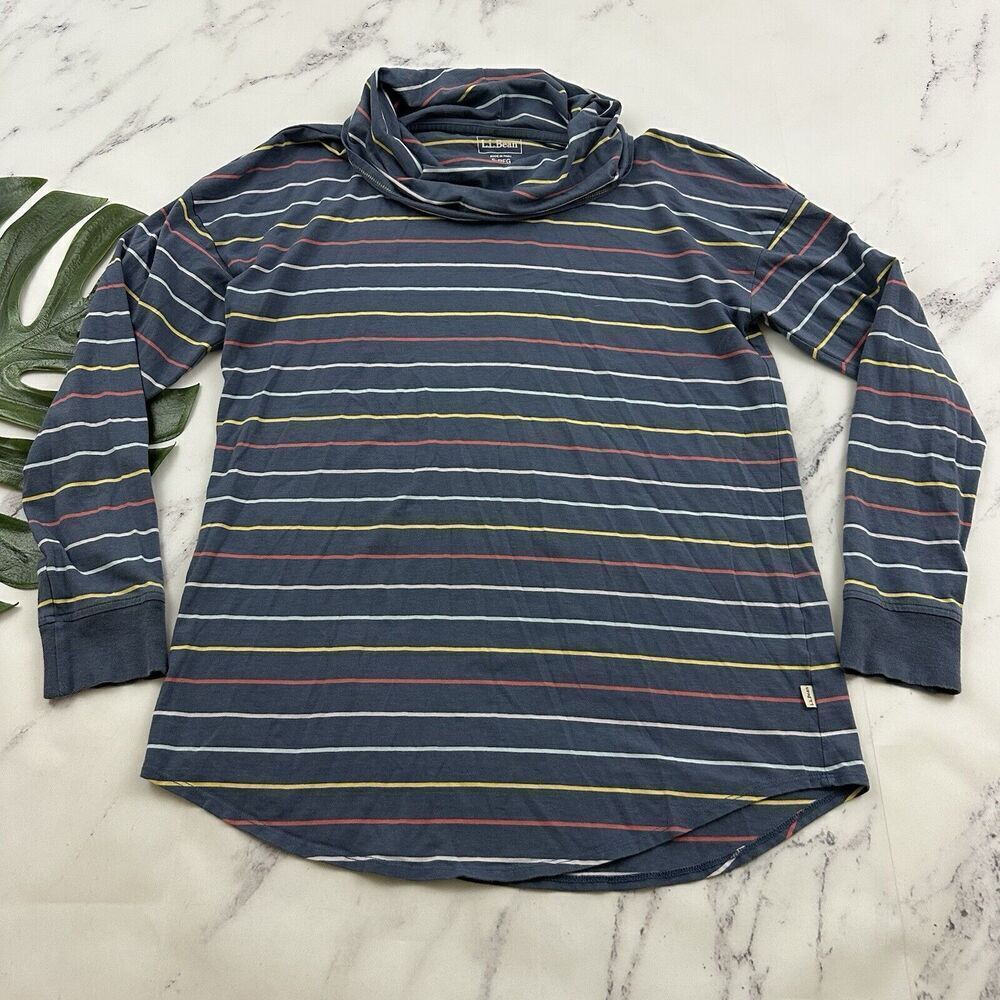 LL Bean Womens Turtleneck Top Size S Blue Pink Striped Long Sleeve Funnel Neck